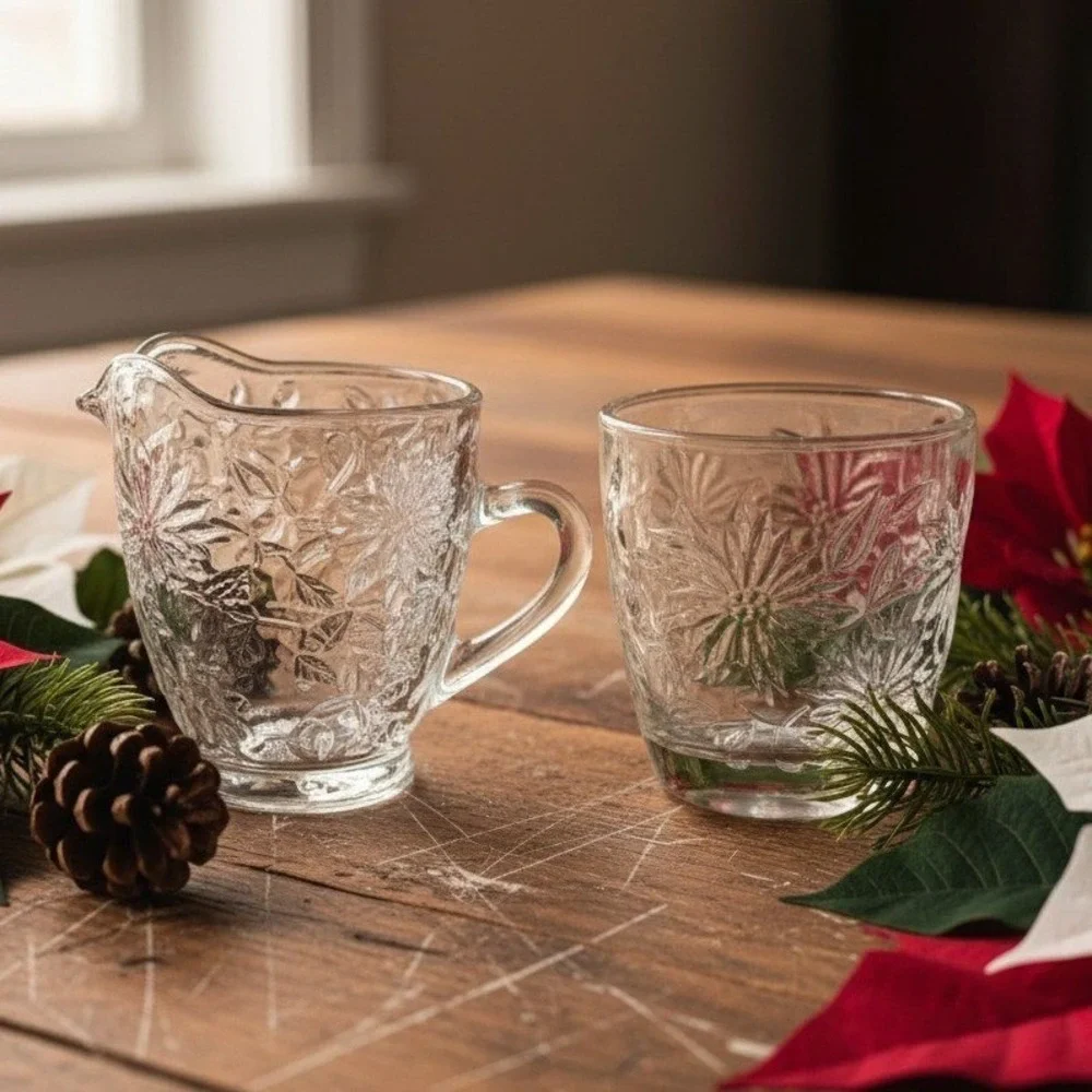 Princess House Fantasia Open Sugar Bowl‎ & Creamer Set #5242, Etched Poinsettias